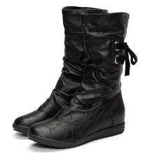 Load image into Gallery viewer, Big Size Pure Color Lace Up Mid Calf Flat Knight Boots