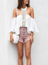 Load image into Gallery viewer, Sexy One Shoulder Hanging Neck Lace Chiffon Stitching Top T-Shirt Chiffon Shirt