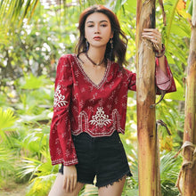 Load image into Gallery viewer, Autumn Ethnic Style Bohemian Embroidery V-Neck Long Sleeve Loose Chiffon Top