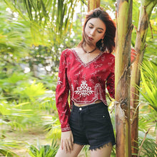 Load image into Gallery viewer, Autumn Ethnic Style Bohemian Embroidery V-Neck Long Sleeve Loose Chiffon Top