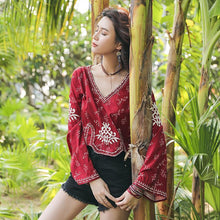 Load image into Gallery viewer, Autumn Ethnic Style Bohemian Embroidery V-Neck Long Sleeve Loose Chiffon Top