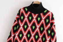 Load image into Gallery viewer, Fashion European And American Style High Collar Embroidery Contrast Color Love Geometry Pullover Sweater Top
