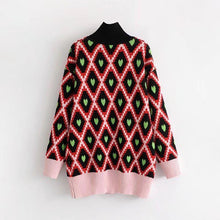 Load image into Gallery viewer, Fashion European And American Style High Collar Embroidery Contrast Color Love Geometry Pullover Sweater Top