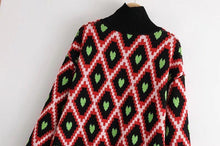 Load image into Gallery viewer, Fashion European And American Style High Collar Embroidery Contrast Color Love Geometry Pullover Sweater Top