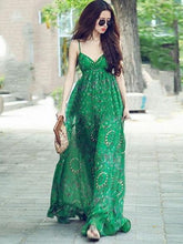 Load image into Gallery viewer, Green Chiffon Floral-Print Straps V Neck Bohemian Beach Maxi Dress