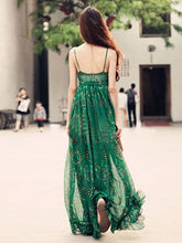 Load image into Gallery viewer, Green Chiffon Floral-Print Straps V Neck Bohemian Beach Maxi Dress