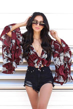 Load image into Gallery viewer, Flared Sleeve Ruffled Irregular V-Neck Top