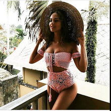 Load image into Gallery viewer, Off Shoulder Hollow Hook High Waist Bikini Swimsuit