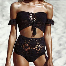 Load image into Gallery viewer, Off Shoulder Hollow Hook High Waist Bikini Swimsuit
