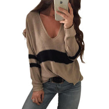 Load image into Gallery viewer, Knit V Neck Long Sleeve Stripe Tops Sweater