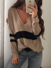 Load image into Gallery viewer, Knit V Neck Long Sleeve Stripe Tops Sweater
