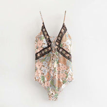 Load image into Gallery viewer, Bohemian V-neck sling cross straps hollow stretch print one-piece swimsuit