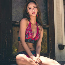 Load image into Gallery viewer, Ethnic Style Red Print Bikini Beach Strap Sexy Leaky Back Halter Split Swimsuit