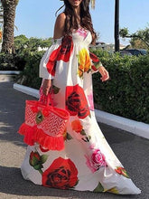 Load image into Gallery viewer, White Rose Floral Strapless Off Shoulder Sleeve Big Hem Long Dress