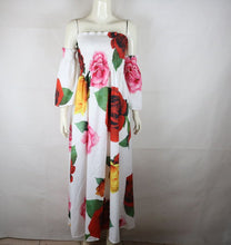 Load image into Gallery viewer, White Rose Floral Strapless Off Shoulder Sleeve Big Hem Long Dress