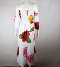 Load image into Gallery viewer, White Rose Floral Strapless Off Shoulder Sleeve Big Hem Long Dress