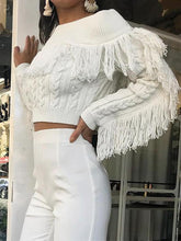 Load image into Gallery viewer, Tassel White Knitted Long Sleeve Sexy Pullover Short Sweater