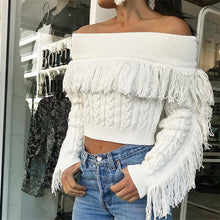 Load image into Gallery viewer, Tassel White Knitted Long Sleeve Sexy Pullover Short Sweater