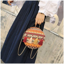 Load image into Gallery viewer, Autumn National Style Contrast Color Tassels One-Shoulder Crossbody Small Round Bag