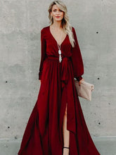 Load image into Gallery viewer, Lace V-Neck Split Long-Sleeved Ruffled Maxi Dress