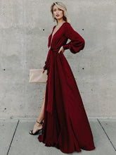 Load image into Gallery viewer, Sexy V Neck Long Sleeve Split Maxi Dress with Belt