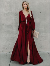Load image into Gallery viewer, Sexy V Neck Long Sleeve Split Maxi Dress with Belt