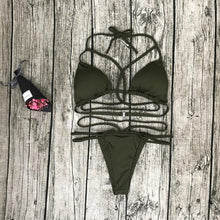 Load image into Gallery viewer, Strap knit button back bikini swimsuit with 14 colors