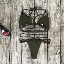 Load image into Gallery viewer, Strap knit button back bikini swimsuit with 14 colors