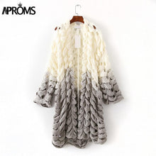Load image into Gallery viewer, White Gray Patchwork Knitted Cardigan Women Elegant Hollow Out Long Sleeve Christmas Sweater Winter Fashion Outwear Coat