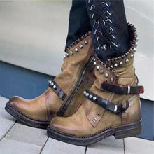 Load image into Gallery viewer, Autumn Winter Woman Mid-Calf PU Leather Round Toe Shoes Low Heel Rivet Cool Motorcycle Boots