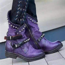 Load image into Gallery viewer, Autumn Winter Woman Mid-Calf PU Leather Round Toe Shoes Low Heel Rivet Cool Motorcycle Boots