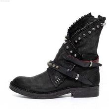 Load image into Gallery viewer, Autumn Winter Woman Mid-Calf PU Leather Round Toe Shoes Low Heel Rivet Cool Motorcycle Boots