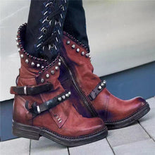 Load image into Gallery viewer, Autumn Winter Woman Mid-Calf PU Leather Round Toe Shoes Low Heel Rivet Cool Motorcycle Boots