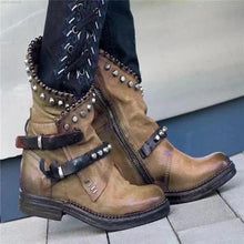 Load image into Gallery viewer, Autumn Winter Woman Mid-Calf PU Leather Round Toe Shoes Low Heel Rivet Cool Motorcycle Boots