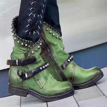 Load image into Gallery viewer, Autumn Winter Woman Mid-Calf PU Leather Round Toe Shoes Low Heel Rivet Cool Motorcycle Boots