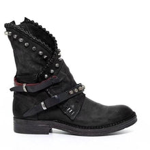 Load image into Gallery viewer, Autumn Winter Woman Mid-Calf PU Leather Round Toe Shoes Low Heel Rivet Cool Motorcycle Boots
