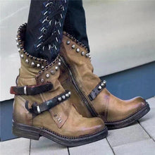 Load image into Gallery viewer, Autumn Winter Woman Mid-Calf PU Leather Round Toe Shoes Low Heel Rivet Cool Motorcycle Boots