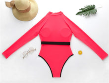 Load image into Gallery viewer, Long Sleeve Rash Guard Women Solid One Piece Swimsuit Fluorescent Green Swimwear Zipper Surfing Suit Belt Bath Suit UV Protect