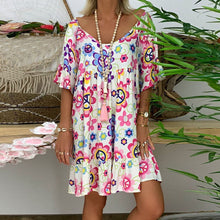 Load image into Gallery viewer, Bohemian Loose Flower Print Short-sleeved Ruffled Summer Mini Dress