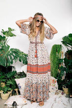 Load image into Gallery viewer, Boho Maxi Floral print V-neck Tassel Drawstring Dress