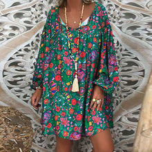 Load image into Gallery viewer, Women's Summer Boho Vintage Floral Print Deep V Neck Beach Mini Dresses