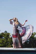 Load image into Gallery viewer, Boho Maxi Floral print V-neck Tassel Drawstring Dress