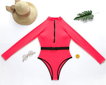 Load image into Gallery viewer, Long Sleeve Rash Guard Women Solid One Piece Swimsuit Fluorescent Green Swimwear Zipper Surfing Suit Belt Bath Suit UV Protect