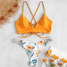 Load image into Gallery viewer, Solid Color Top Floral Bottom Bikini Cut Flowers Two Piece Swimsuit Push up Swimwear Beachwear swimming suit