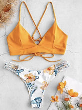 Load image into Gallery viewer, Solid Color Top Floral Bottom Bikini Cut Flowers Two Piece Swimsuit Push up Swimwear Beachwear swimming suit