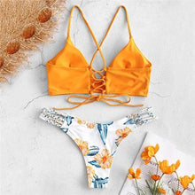 Load image into Gallery viewer, Solid Color Top Floral Bottom Bikini Cut Flowers Two Piece Swimsuit Push up Swimwear Beachwear swimming suit