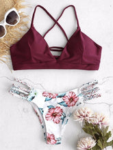 Load image into Gallery viewer, Solid Color Top Floral Bottom Bikini Cut Flowers Two Piece Swimsuit Push up Swimwear Beachwear swimming suit