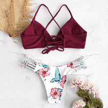 Load image into Gallery viewer, Solid Color Top Floral Bottom Bikini Cut Flowers Two Piece Swimsuit Push up Swimwear Beachwear swimming suit