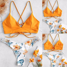 Load image into Gallery viewer, Solid Color Top Floral Bottom Bikini Cut Flowers Two Piece Swimsuit Push up Swimwear Beachwear swimming suit
