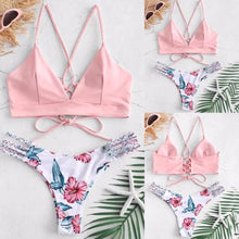 Load image into Gallery viewer, Solid Color Top Floral Bottom Bikini Cut Flowers Two Piece Swimsuit Push up Swimwear Beachwear swimming suit